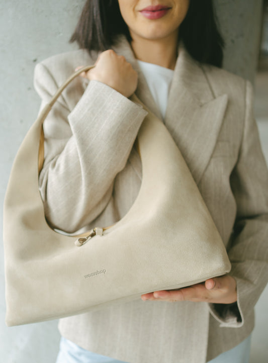 Riviera Shoulder Hobo in Crema Suede
