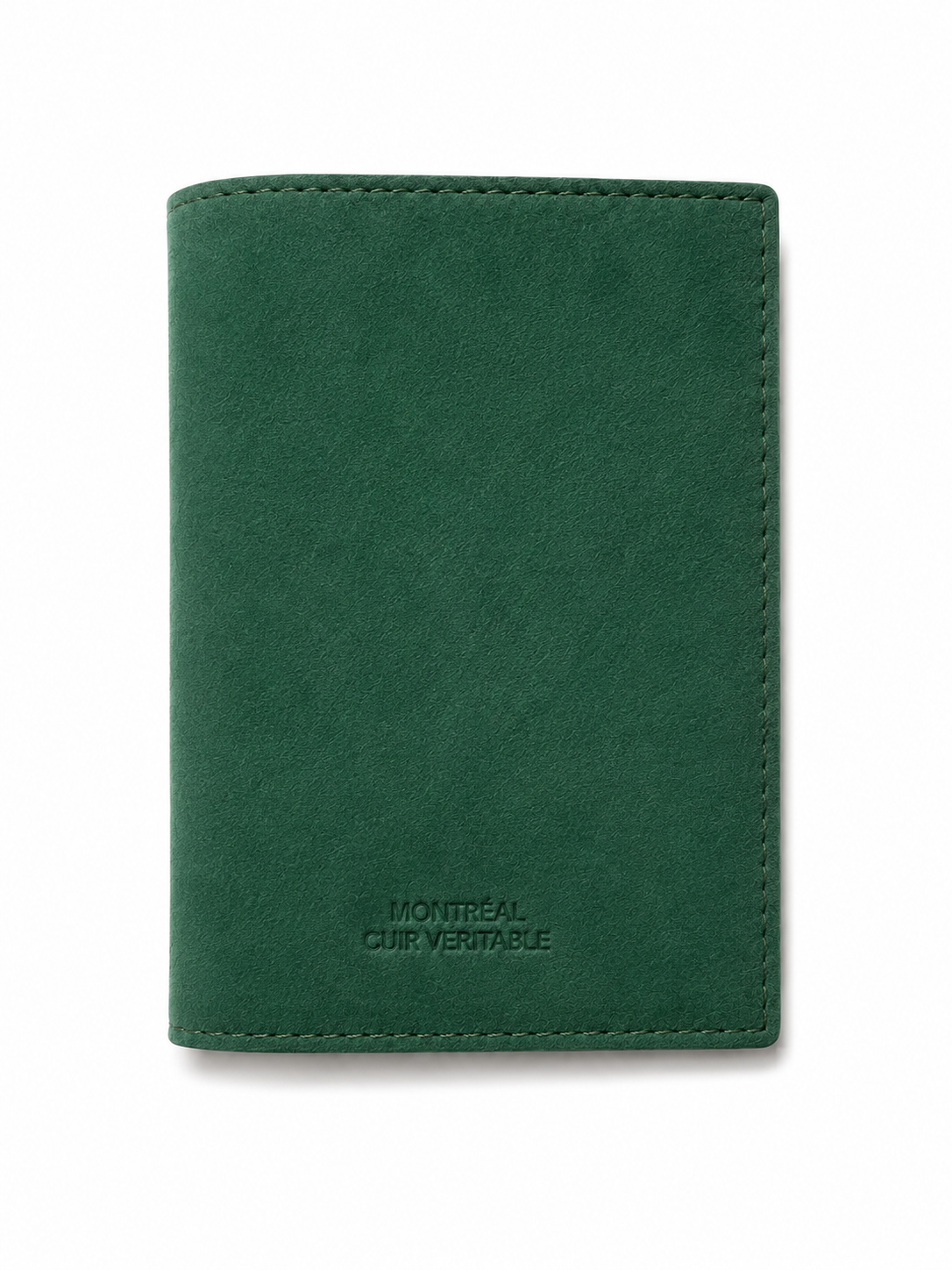 A green leather passport cover with visible stitching shown on a plain white background.