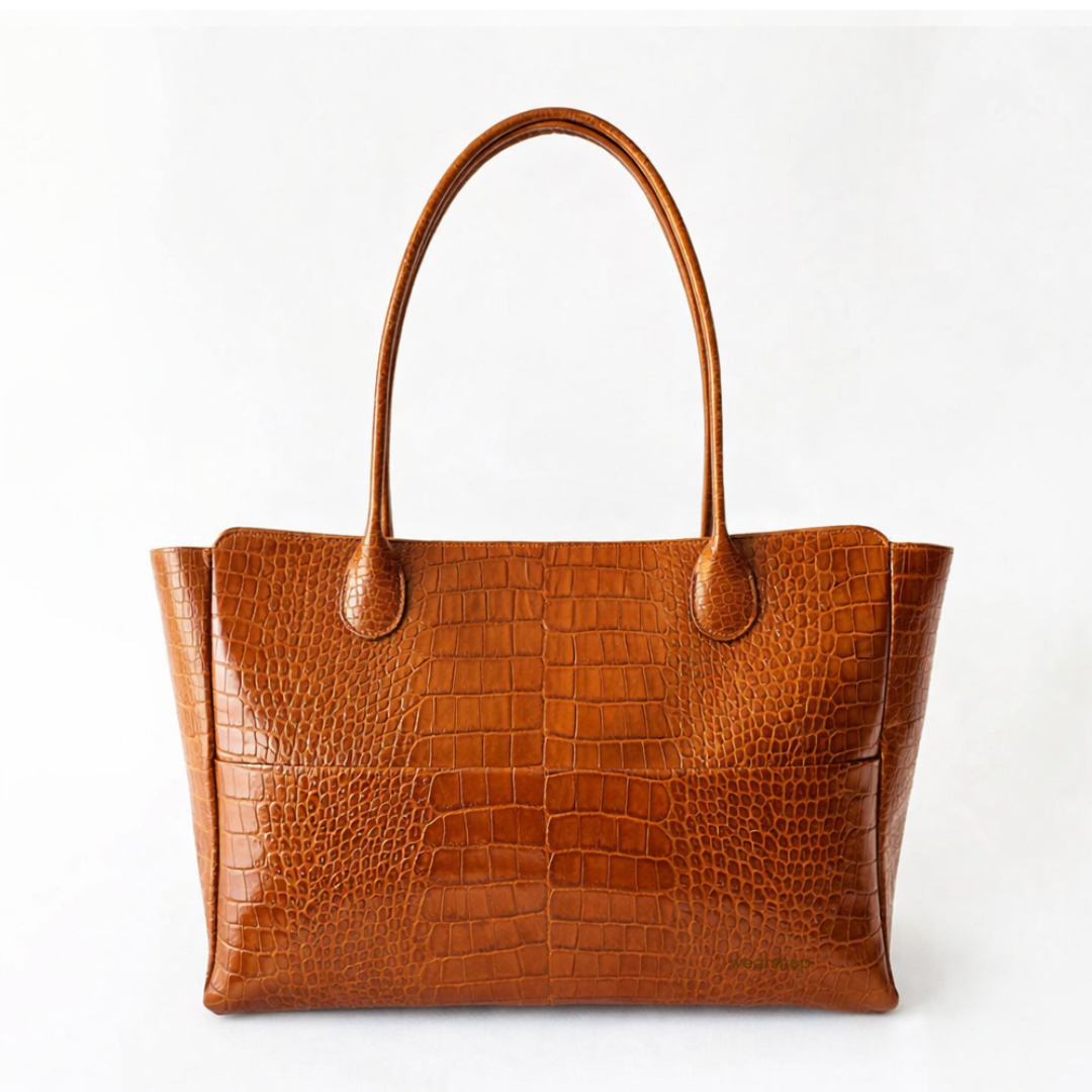 Light brown leather tote bag with crocodile texture on a white background