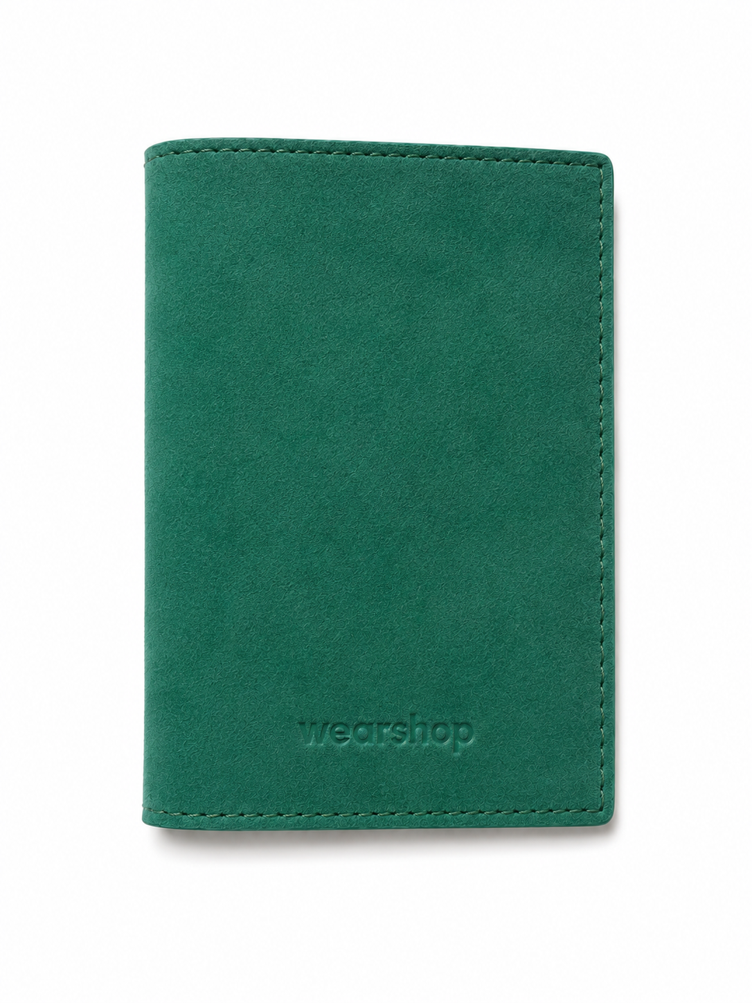A green suede passport cover with visible stitching and the debossed brand name 'wearshop' near the bottom, shown on a plain white background.