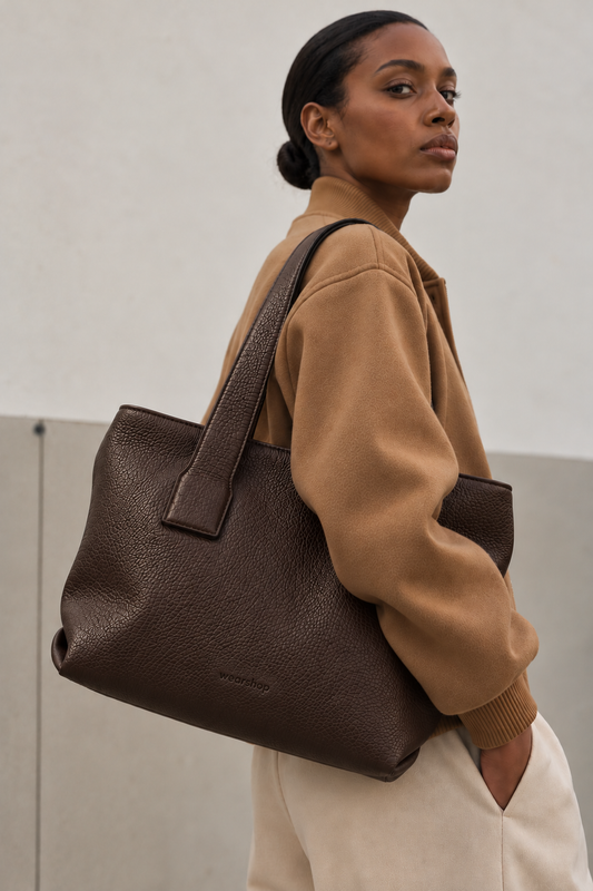 A woman wearing a camel jacket and cream pants carries a large dark brown pebbled leather tote bag over her shoulder, set against a minimalist light gray concrete wall.