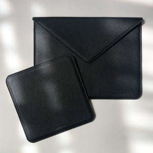 Laptop case for 13'' or document case with mouse pad combo. Italian black colour leather, fully lined, padded for protection. Made in Canada.